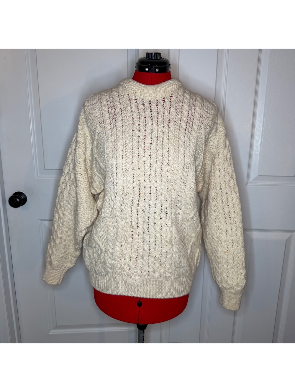 Aran Crafts Ireland Wool Cable Knit Fisherman Crew Neck Sweater Ivory Mens S